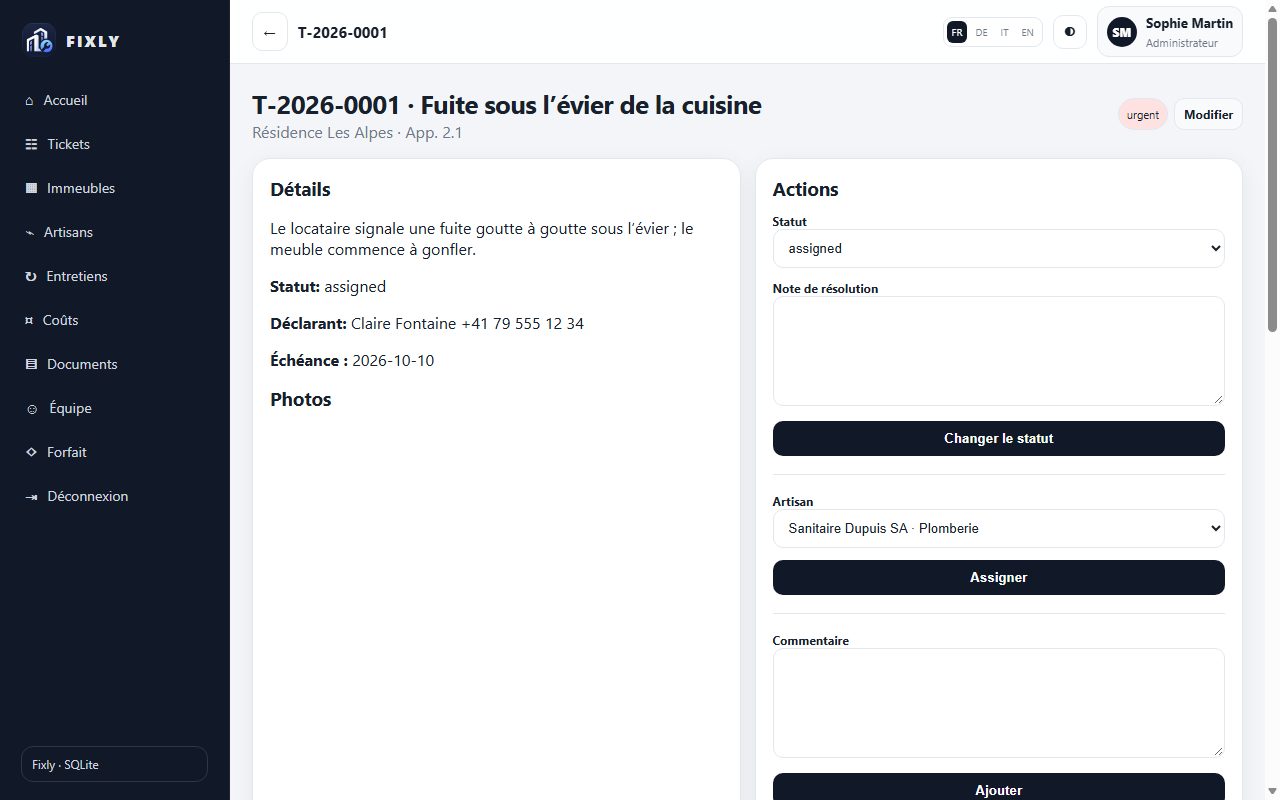 Fiche du ticket : statut, artisan, historique